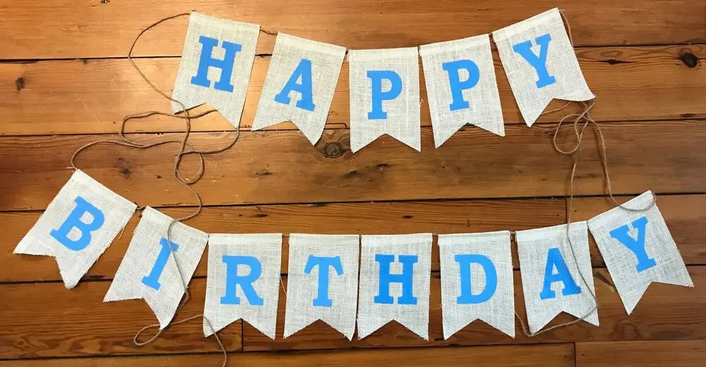 Vintage Style Baby Blue Burlap Flags Happy Birthday Banner Sign